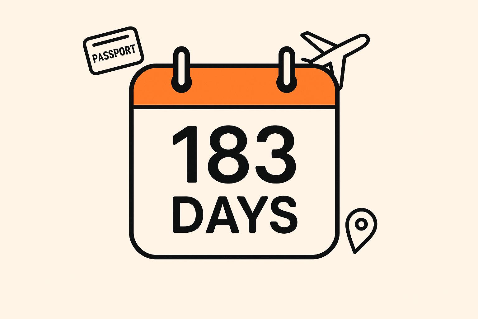 Calendar showing 183 days marked for tax residency planning with passport and airplane icons